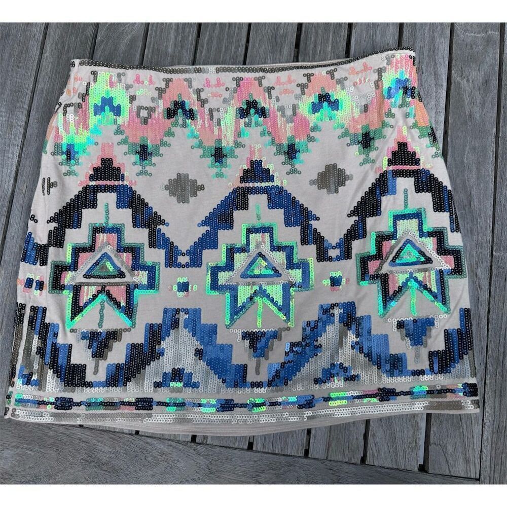Express Women's Sequin Mini Skirt Aztec-Inspired Prints‎ Size XS Multicolor